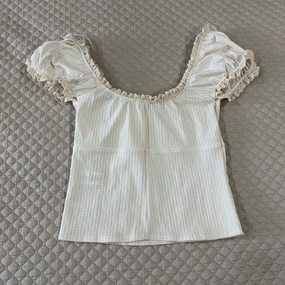 Zara Gingham Puff-Sleeved Lace Trim Blouse